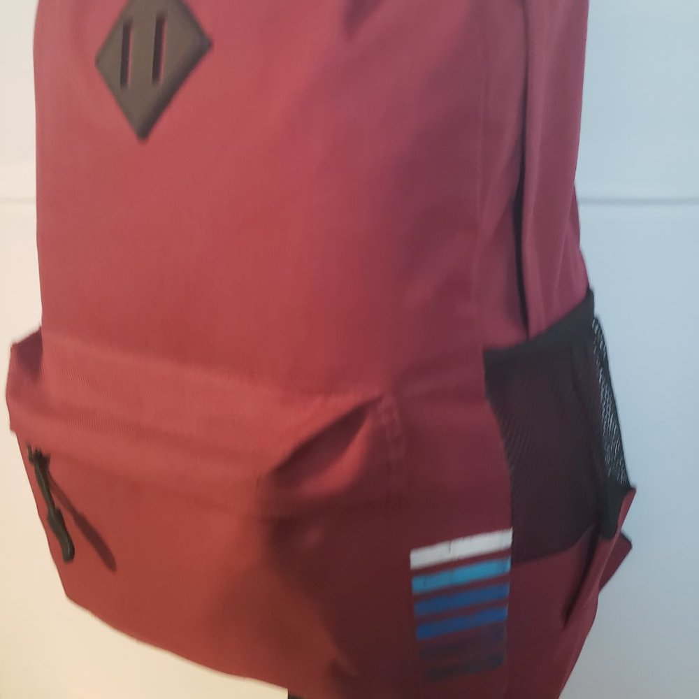 Bond Street Backpack red side stripes design white blue black pockets front hand - Picture 8 of 13